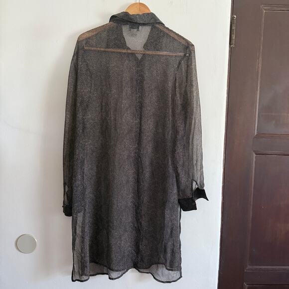 90s Vintage ROBBIE BEE | Navy and Tan Silk Chiffon Button Front Tunic Size 12 - Picture 2 of 7